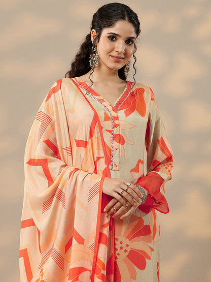 Floral Printed Beads and Stones Straight Kurta With Trousers & Dupatta