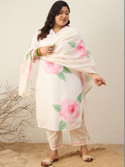 Dhiyona Women's Floral Printed Regular Kurta with Trousers & With Dupatta