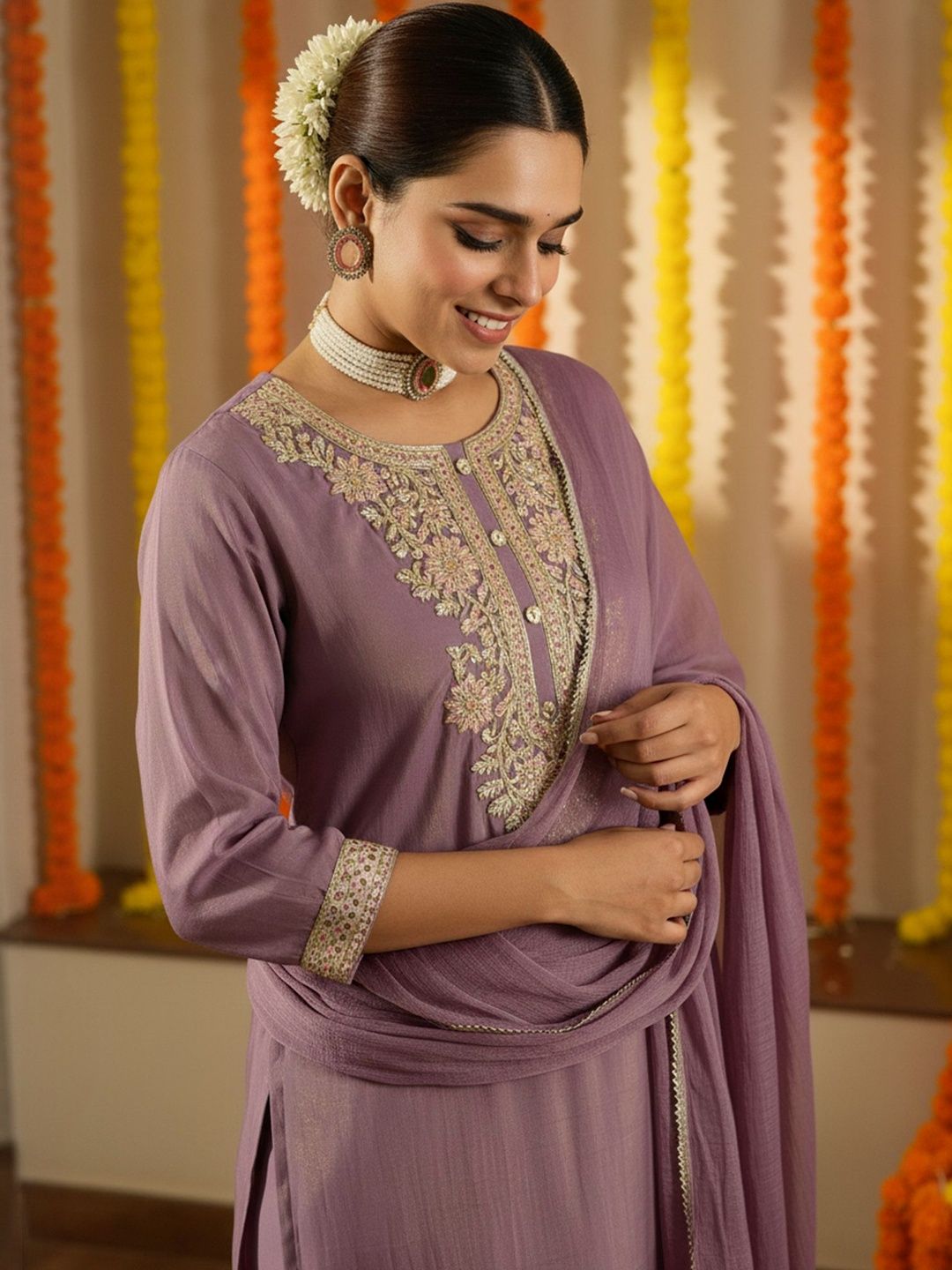 Floral Embroidered Thread Work Straight Kurta With Trouser & Dupatta