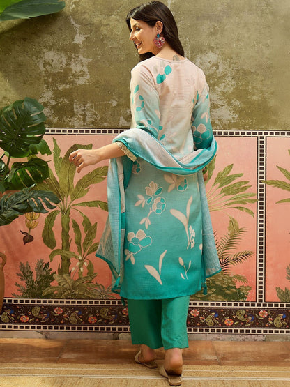 Women Floral Printed Regular Thread Work Linen Kurta with Trousers & With Dupatta