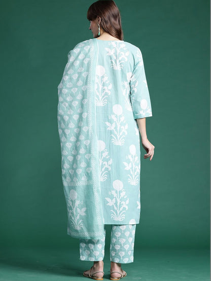Women Floral Printed Regular Mirror Work Pure Cotton Kurta with Trousers & With Dupatta