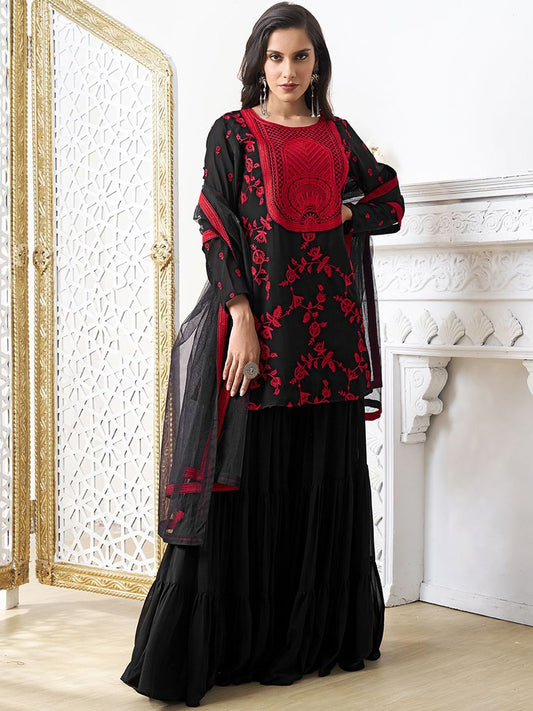 Dhiyona IN Women Floral Embroidered Regular Thread Work Kurta with Sharara & With Dupatta