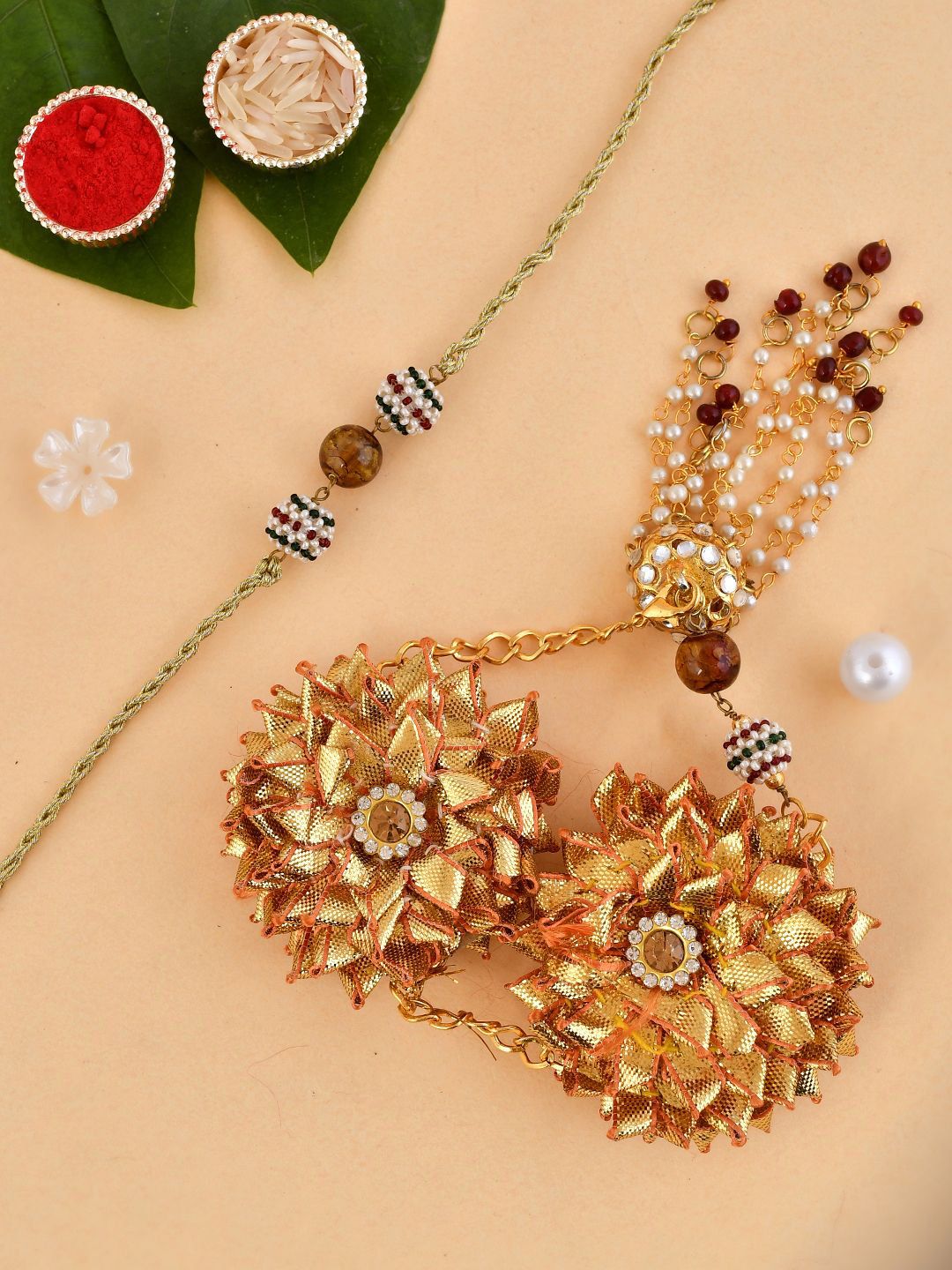 Dhiyona Gold-Toned Beaded Bhaiya Bhabhi Rakhi With Roli Chawal & Greeting Card