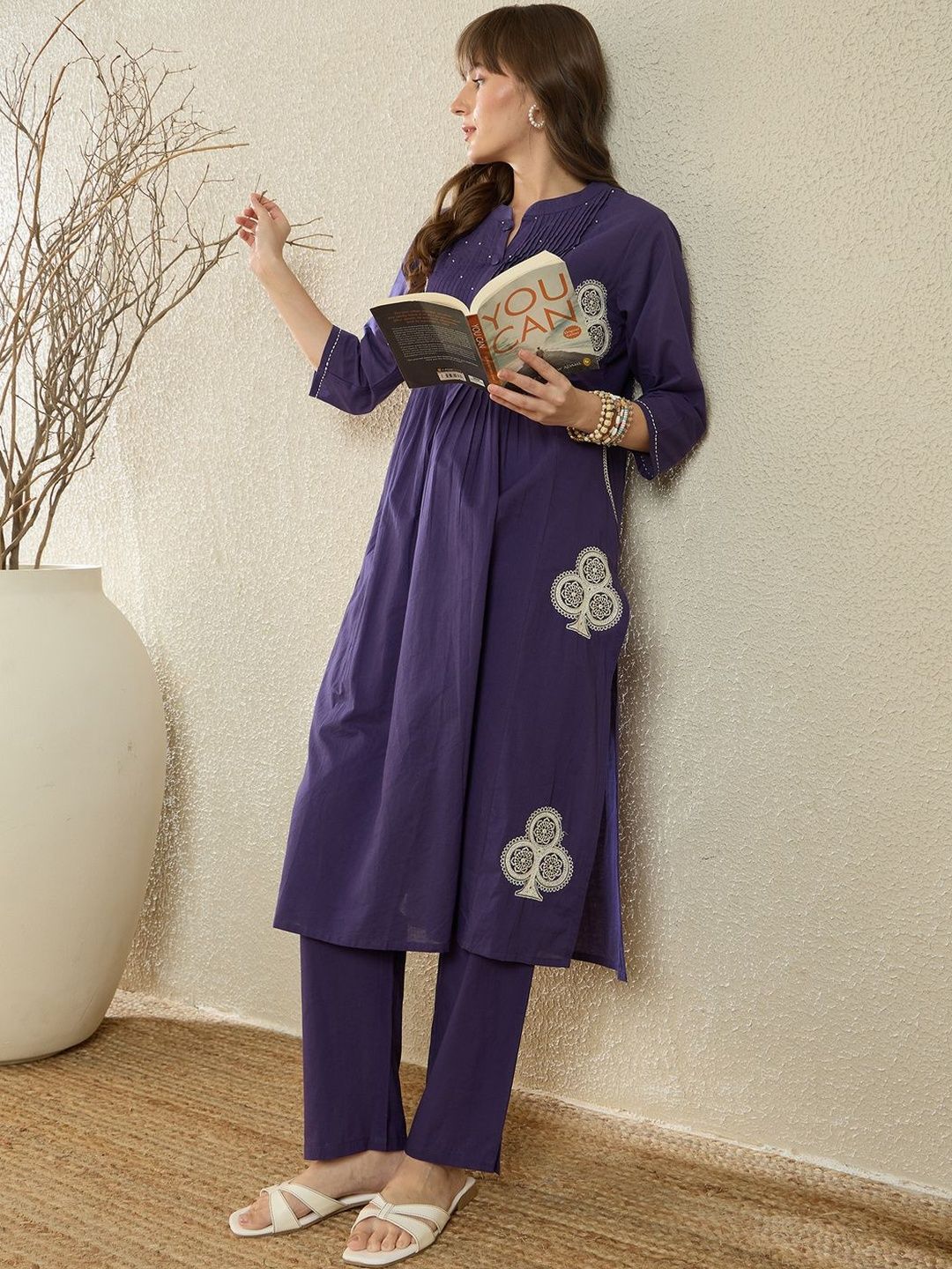 Dhiyona IE Printed Mandarin Collar Three-Quarter Sleeves Pure Cotton Top With Trousers