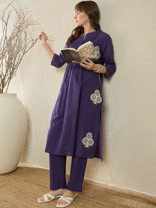 Dhiyona IE Printed Mandarin Collar Three-Quarter Sleeves Pure Cotton Top With Trousers