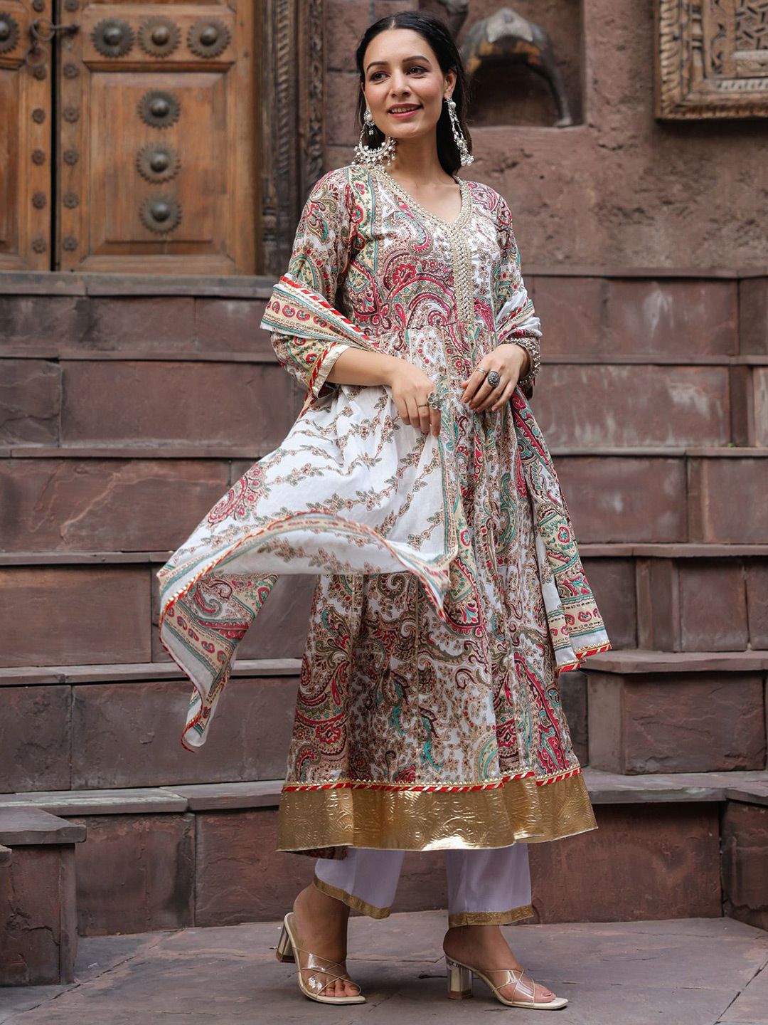 Dhiyona RR Women's Paisley Printed Gotta Patti Pure Cotton Kurta with Trousers & Dupatta