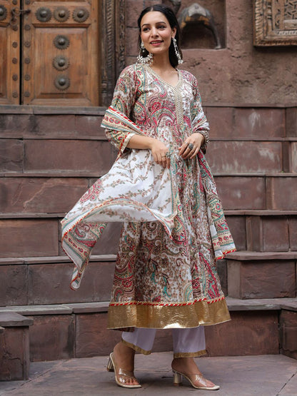 Dhiyona RR Women's Paisley Printed Gotta Patti Pure Cotton Kurta with Trousers & Dupatta