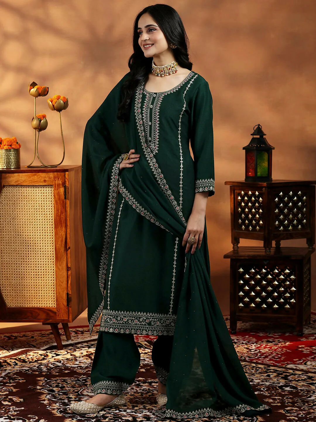 Women's LB Green Embroidered Silk Blend Straight Suit With Dupatta