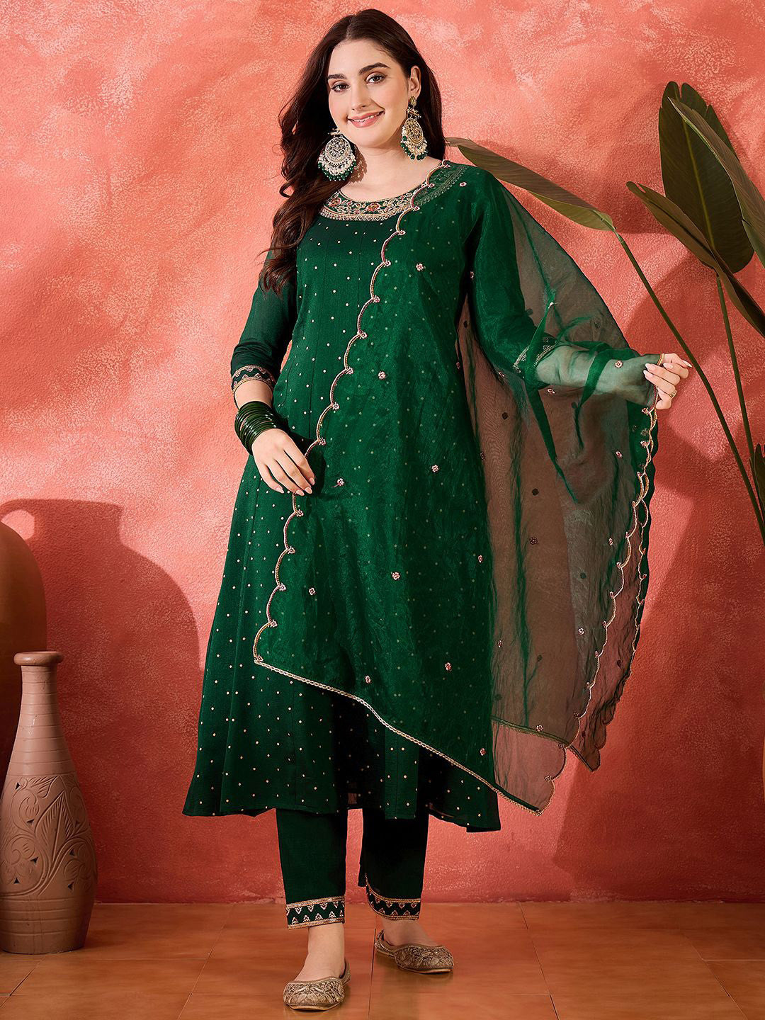 Floral Embroidered Zari Work Round Neck A-Line Kurta With Trousers And Dupatta