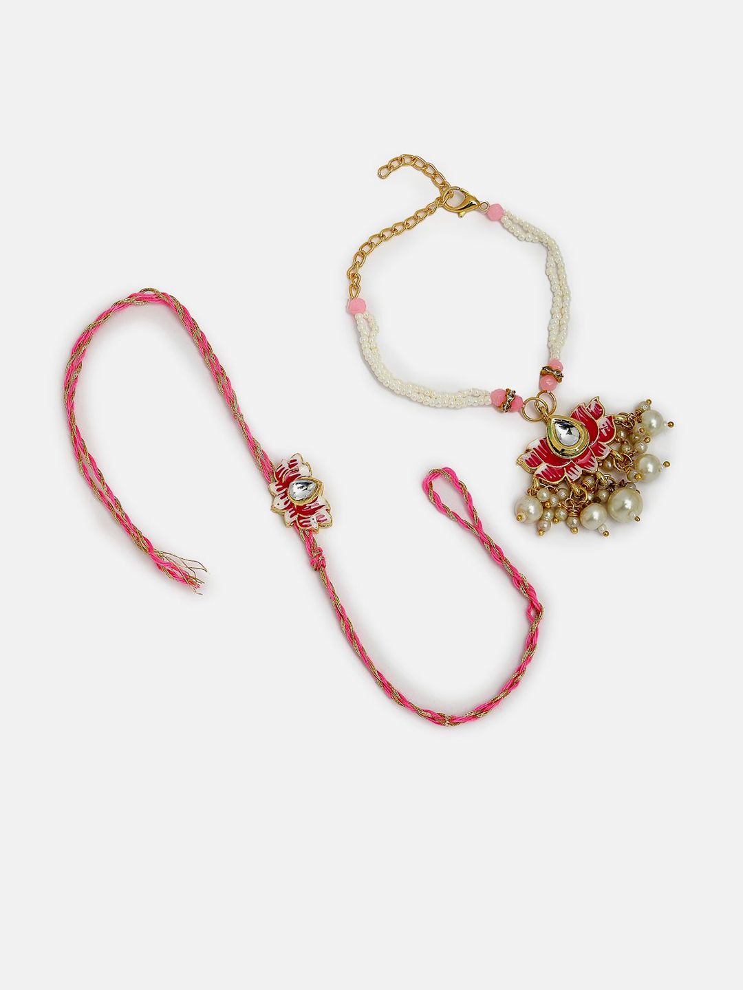 Dhiyona Unisex Set Of 2 Pink Lotus Shape Kundan-Studded & Beaded Wraparound Rakhi Set