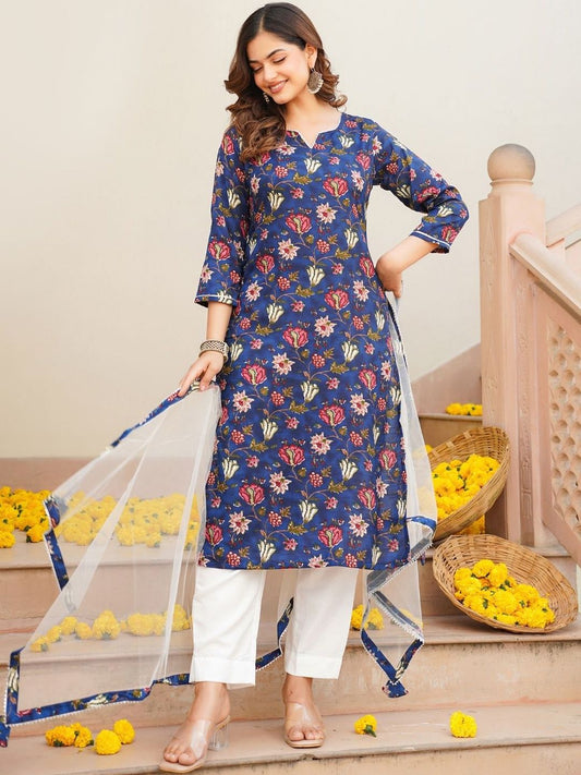 Dhiyona KL Women Floral Printed Regular Kurta with Trousers & With Dupatta
