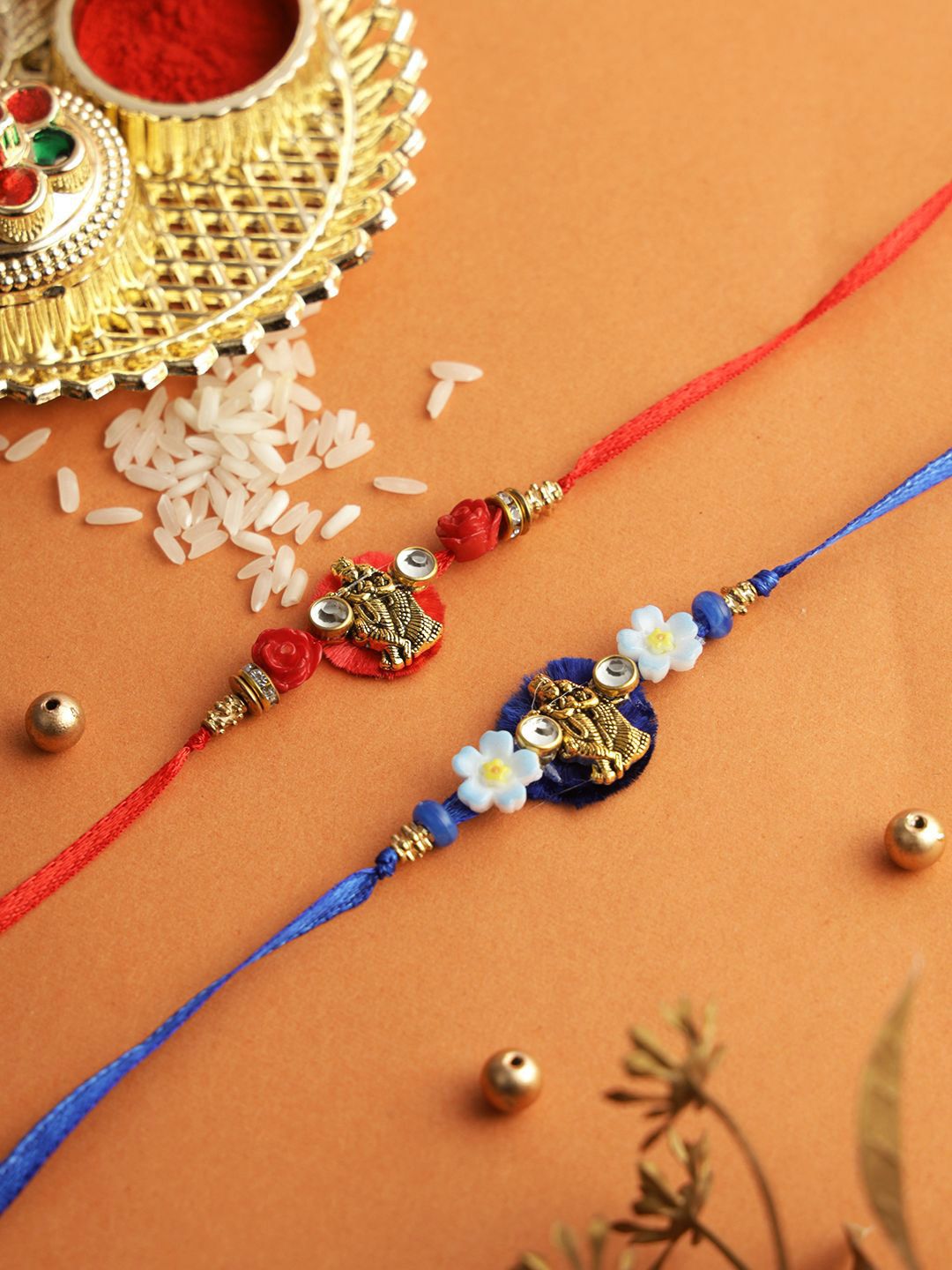 Dhiyona Set Of 2 Divine Radha Krishna Thread Rakhi With Roli Chawal & Greetings Card