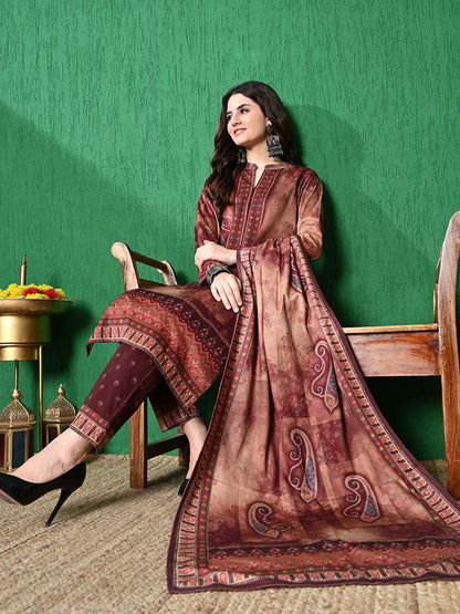 Paisley Printed Winter Velvet Straight Kurta & Trouser With Dupatta
