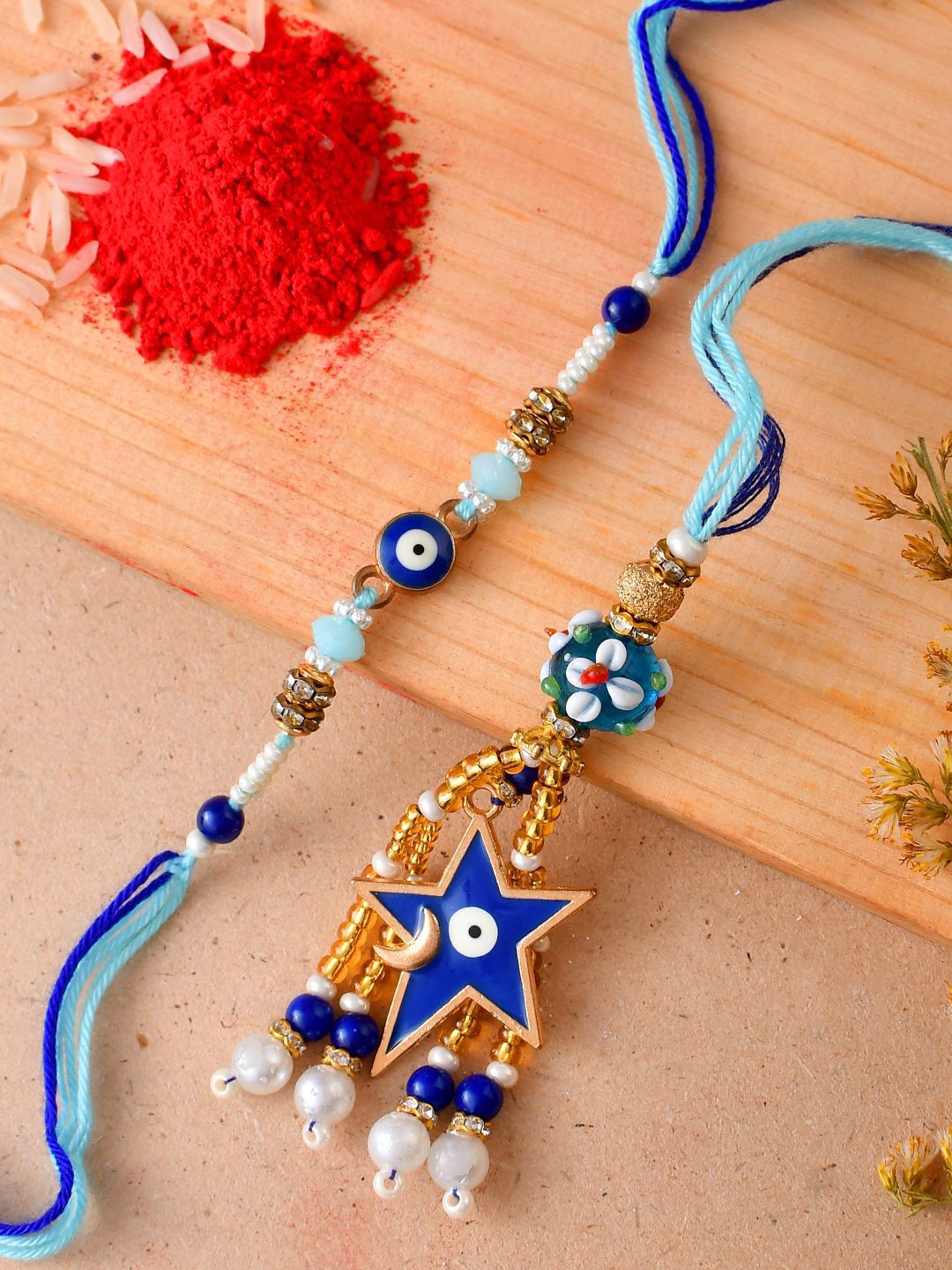 Dhiyona Beaded Evil Eye Bhaiya Bhabhi Rakhi With Roli Chawal & Greeting Card