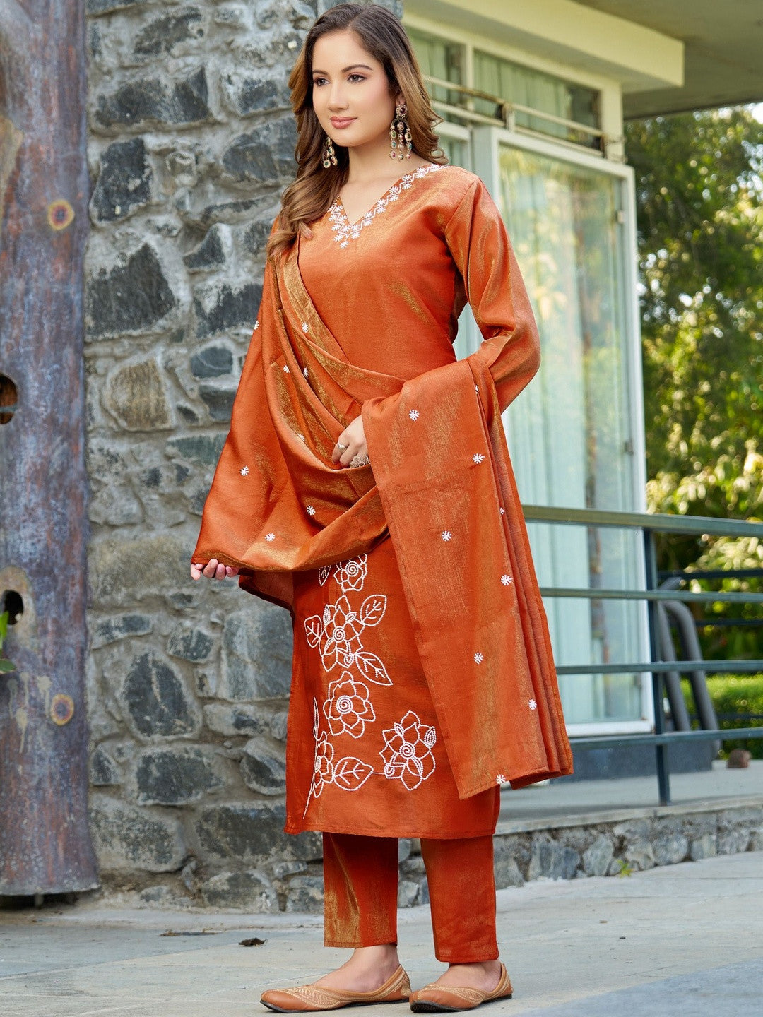 Embroidered Silk Georgette V-Neck Kurta & Trousers With Dupatta