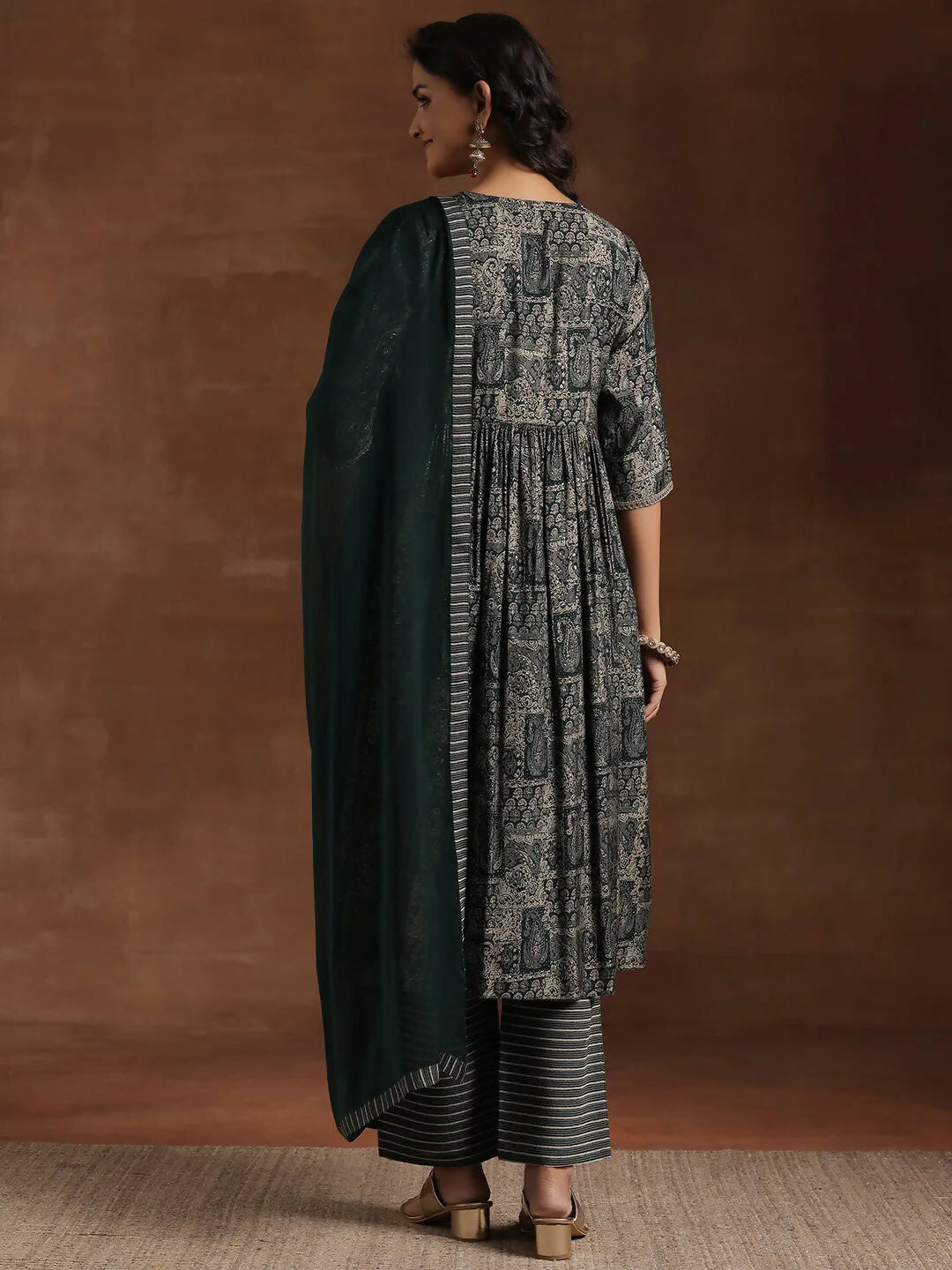 Women's LB Green Printed Silk Blend A-Line Kurta With Trousers & Dupatta