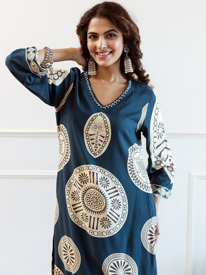 Printed With Embroidered Kurta With Palazzos