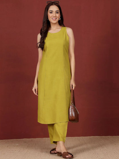 Lime Green Round Neck Straight Kurta With Trousers
