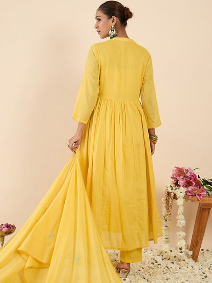 Floral Embroidered Pleated Pure Cotton Straight Kurta With Trousers & Dupatta