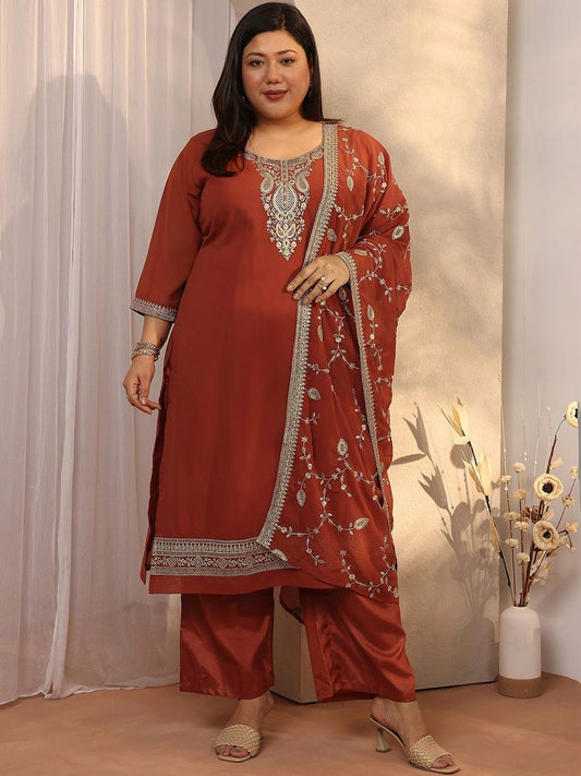 Dhiyona Women's Plus Size Ethnic Motifs Embroidered Kurta with Trouser & Dupatta