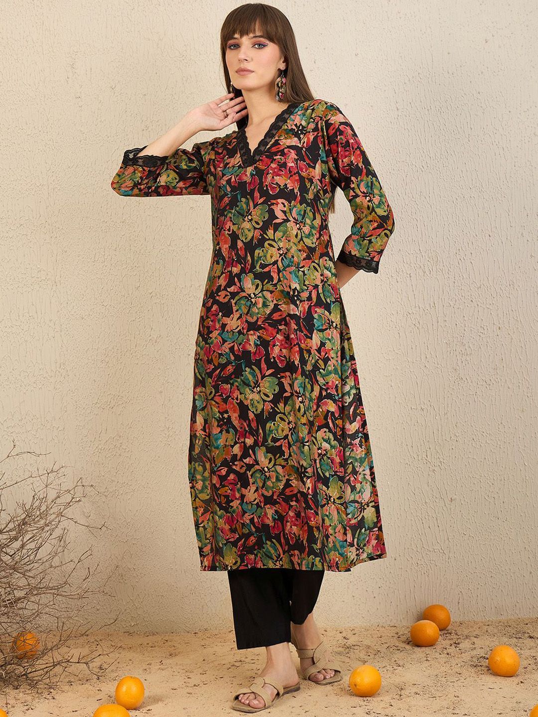 Dhiyona IE Floral Printed V-Neck Straight Kurta with Trousers