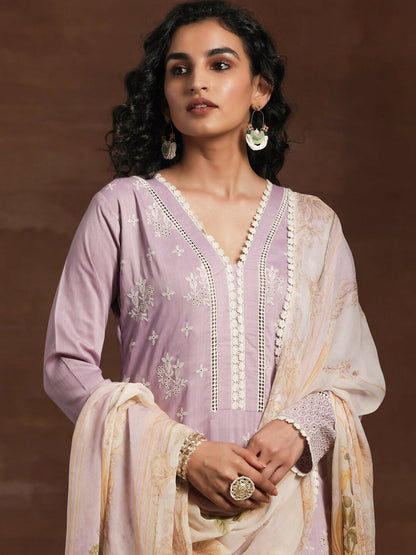 Women's LB Lilac Embroidered Silk Blend Straight Suit With Dupatta