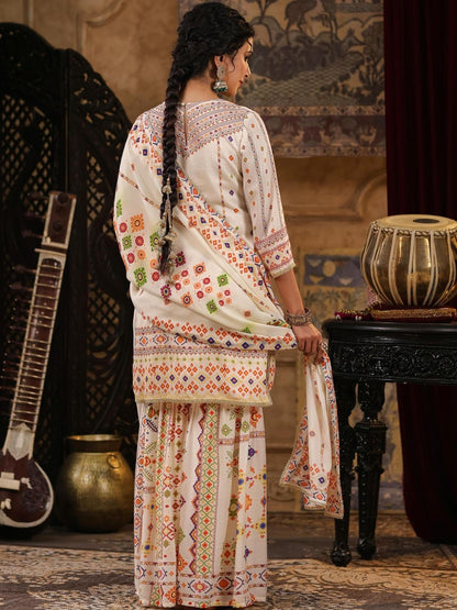 Dhiyona SC Women Ivory Printed Patola Mirror Work Chanderi Silk Kurta & Sharara With Dupatta