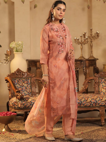 Floral Embroidered Straight Thread Work Kurta With Trousers & Dupatta