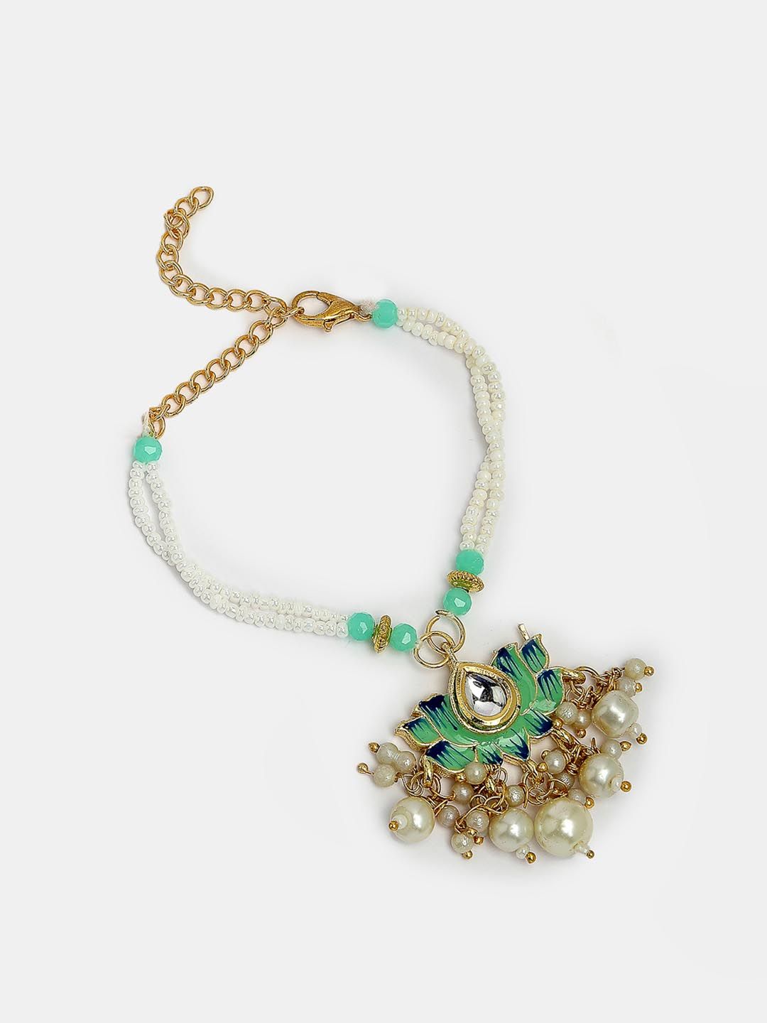 Dhiyona Unisex Set Of 2 Turquoise Blue Lotus Shape Kundan-Studded Handcrafted Rakhi Set