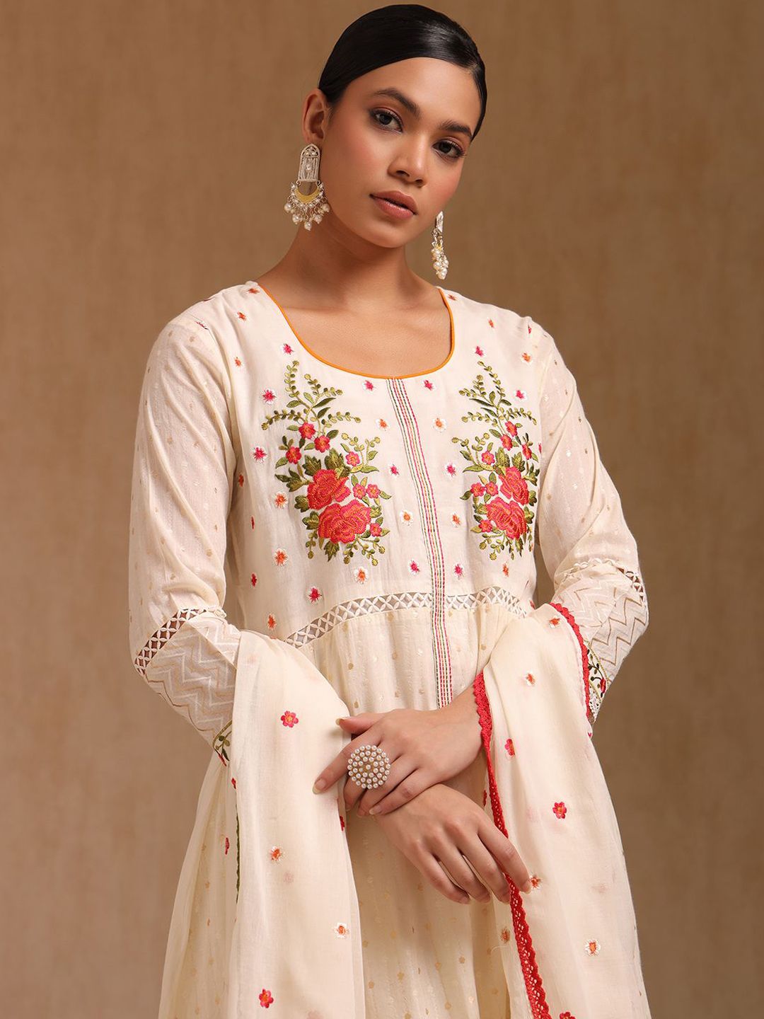 Dhiyona SO Women's Floral Embroidered Thread Work Cotton A-Line Kurta With Trouser And Dupatta