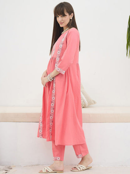 Floral Embroidered Thread Work Pure Cotton Kurta With Trousers