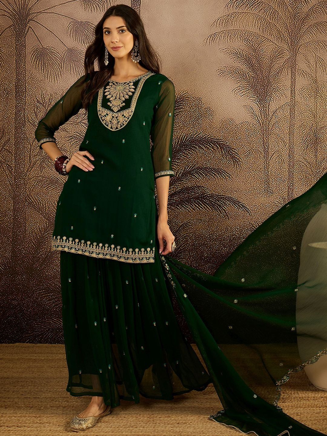 Dhiyona SN Women Ethnic Motifs Embroidered Zari Georgette Kurta with Sharara & Dupatta