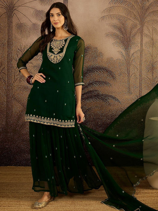 Dhiyona SN Women Ethnic Motifs Embroidered Zari Georgette Kurta with Sharara & Dupatta