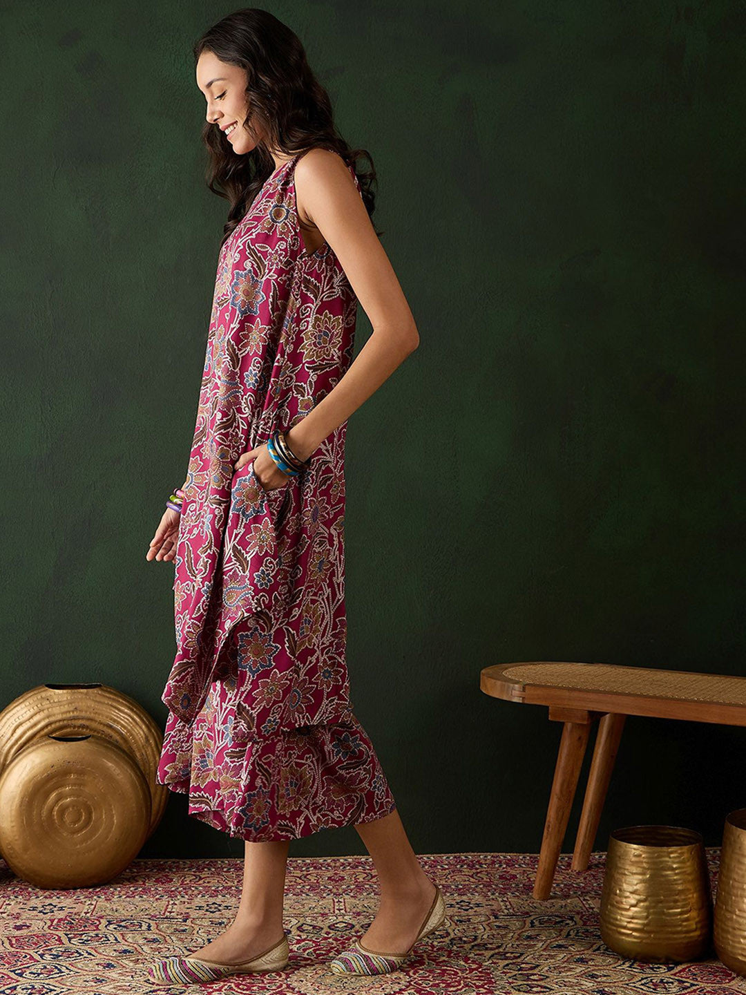 Burgundy Floral Printed Round Neck A-Line Kurta With Palazzos
