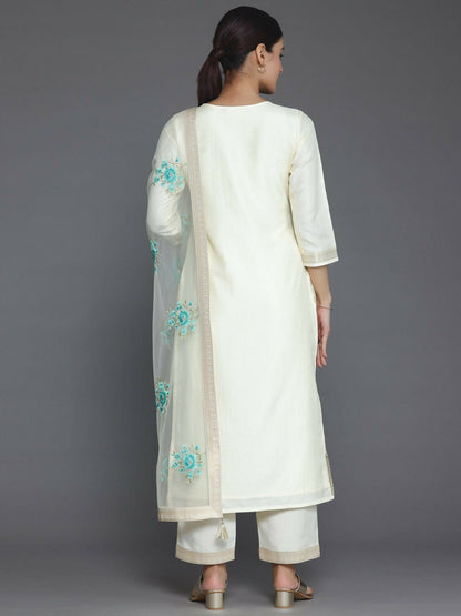 Women's LB Cream Woven Design Silk Blend Straight Suit With Dupatta