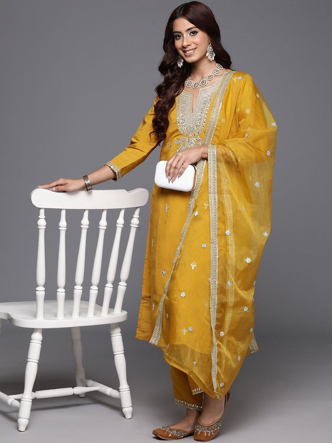 Women Ethnic Motifs Embroidered Regular Mirror Work Kurta Set With Dupatta