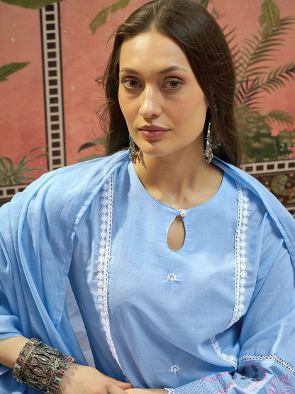 Embroidered Pure Cotton Keyhole Neck Kurta & Trousers With Dupatta