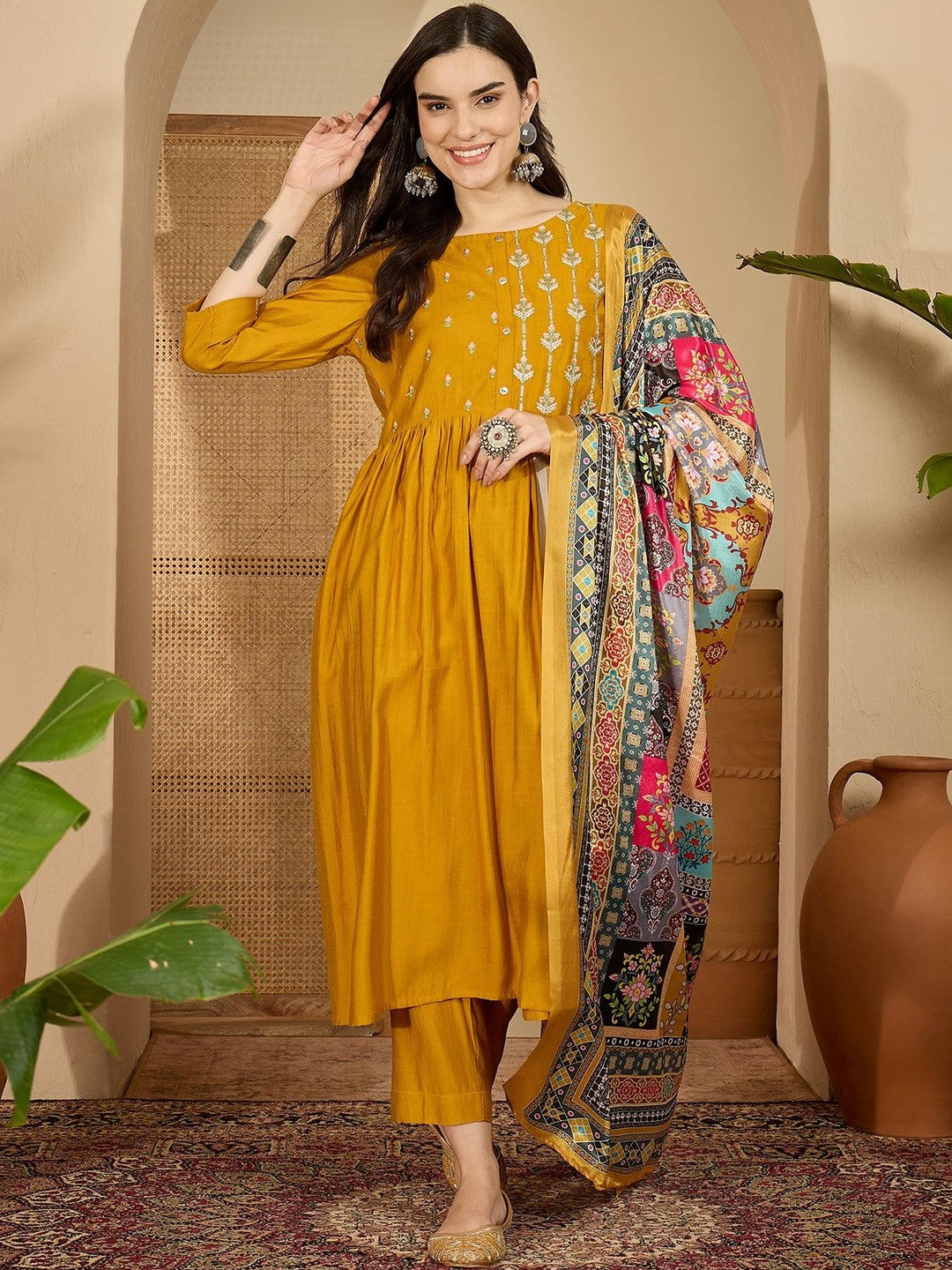 Floral Embroidered Pleated Thread Work Kurta With Trousers & Dupatta