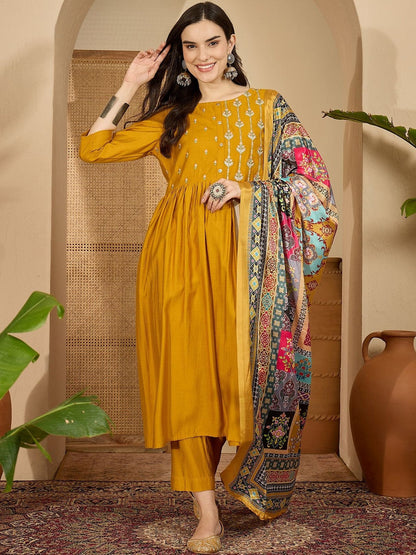 Floral Embroidered Pleated Thread Work Kurta With Trousers & Dupatta