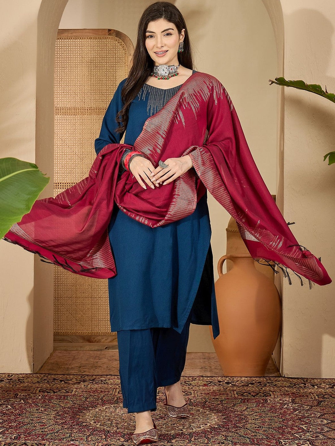 Women Winter Pashmina Woven Design Yoke Design Kurta With Palazzos & Dupatta