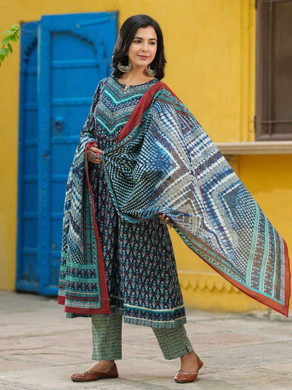 Dhiyona RR Women's Ethnic Motifs Printed Pure Cotton Kurta with Trousers & Dupatta