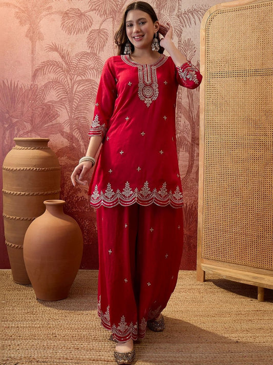 Dhiyona SN Embroidered Round-Neck Kurta Trousers & Dupatta