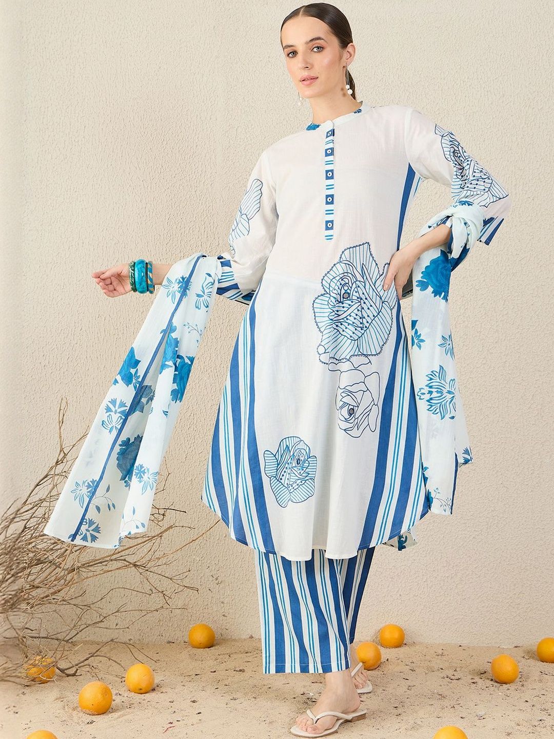 Dhiyona IE Floral Printed Pure Cotton Kurta With Trouser & Dupatta