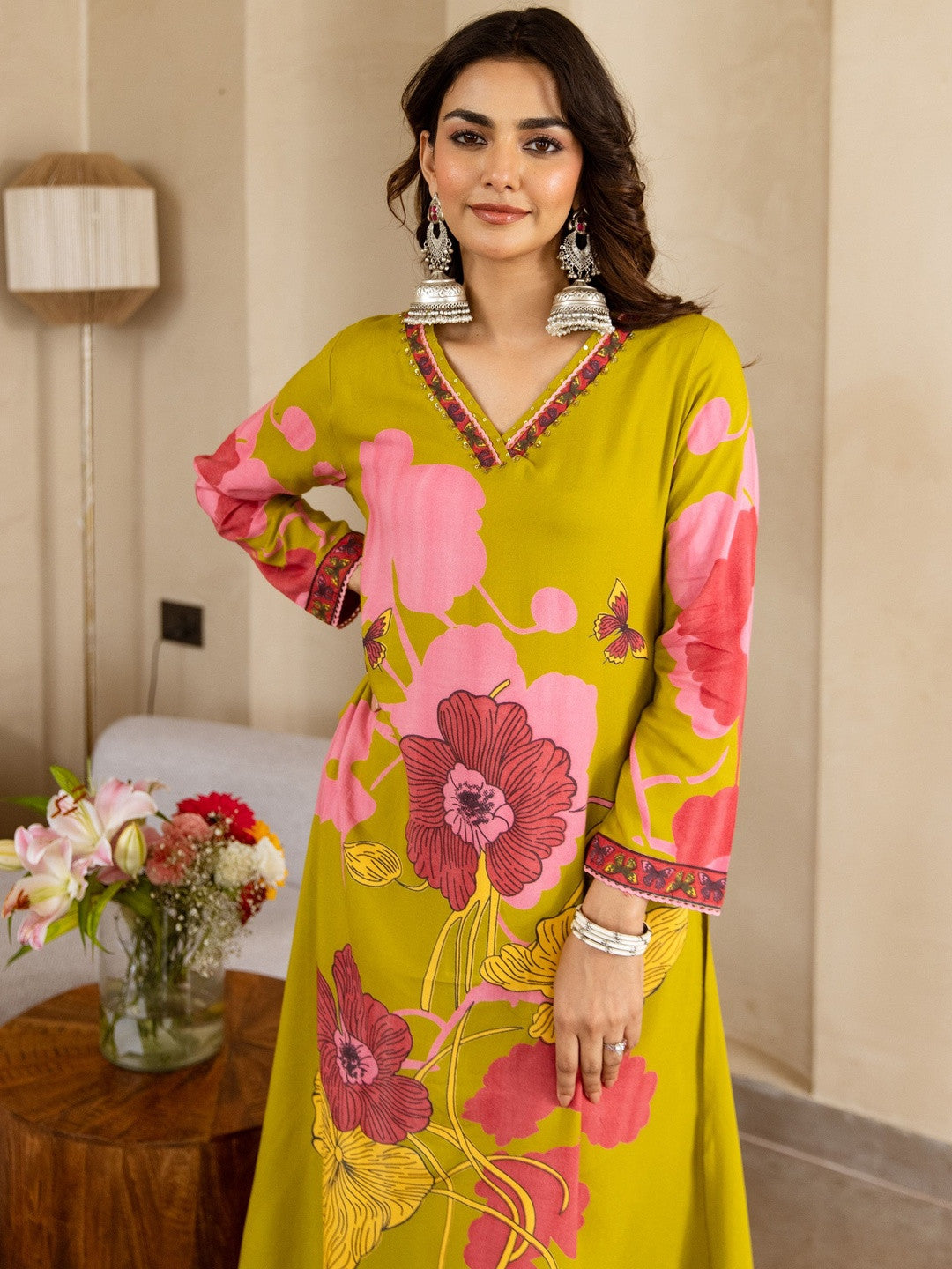 Floral Printed V-Neck Sequinned A-Line Kurta With Palazzo