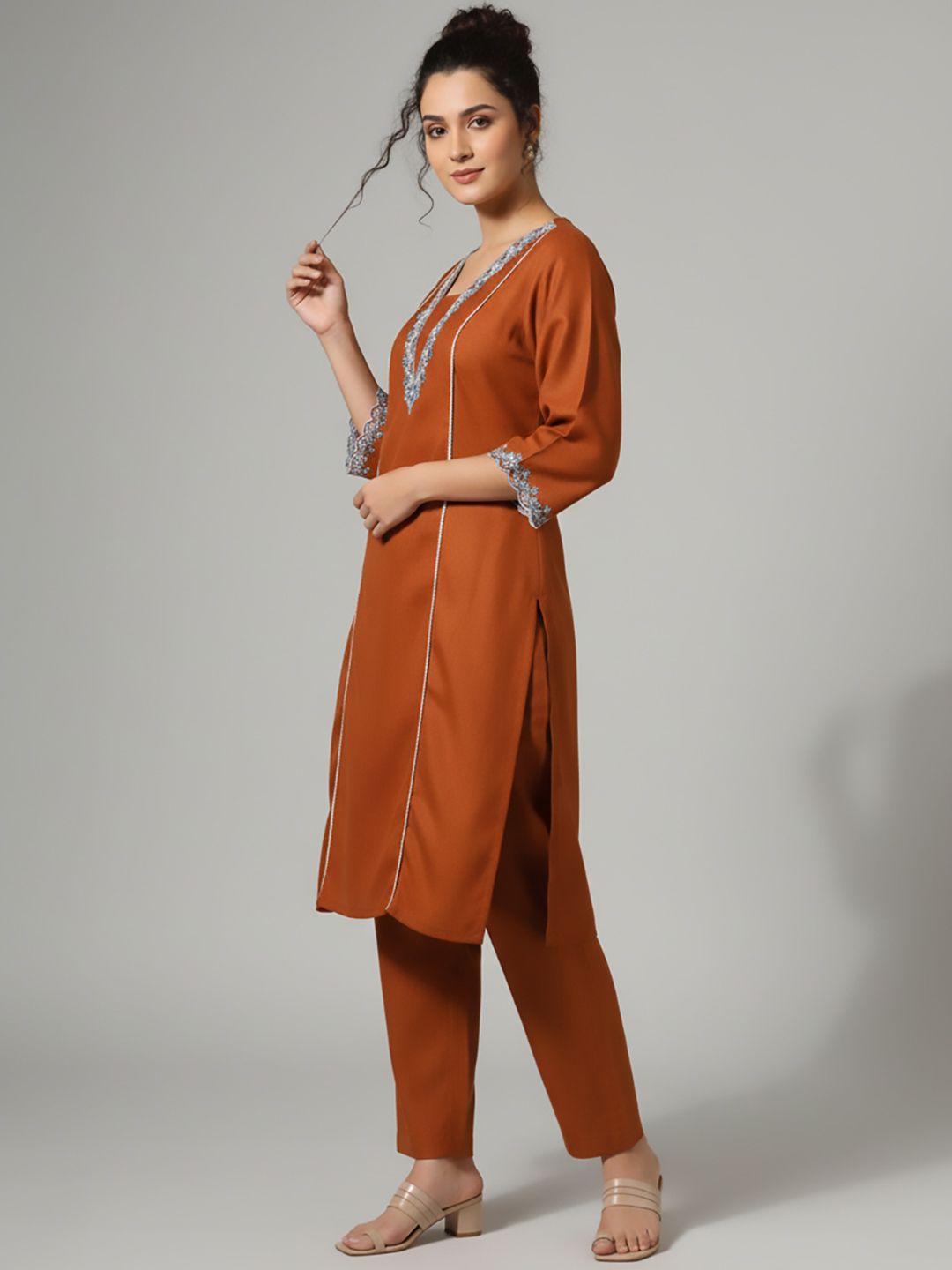 Rust Embroidered Tunic & Trousers Co-Ords Set