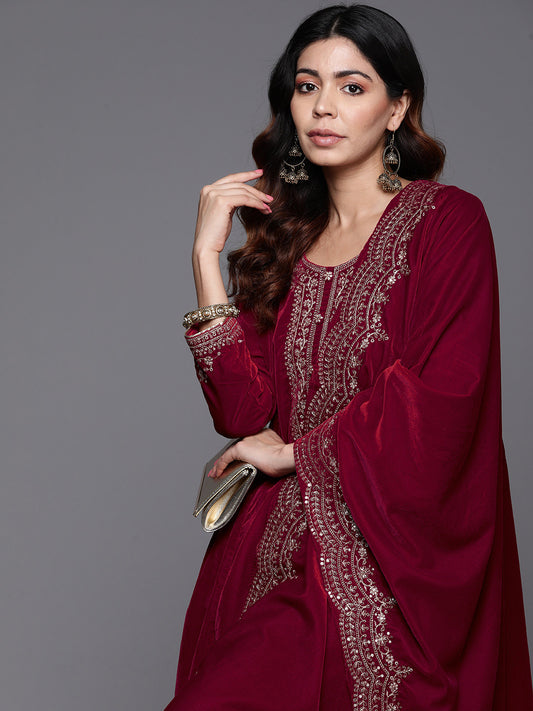 Women Floral Yoke Design Panelled Sequinned Velvet Kurta with Palazzos & Dupatta