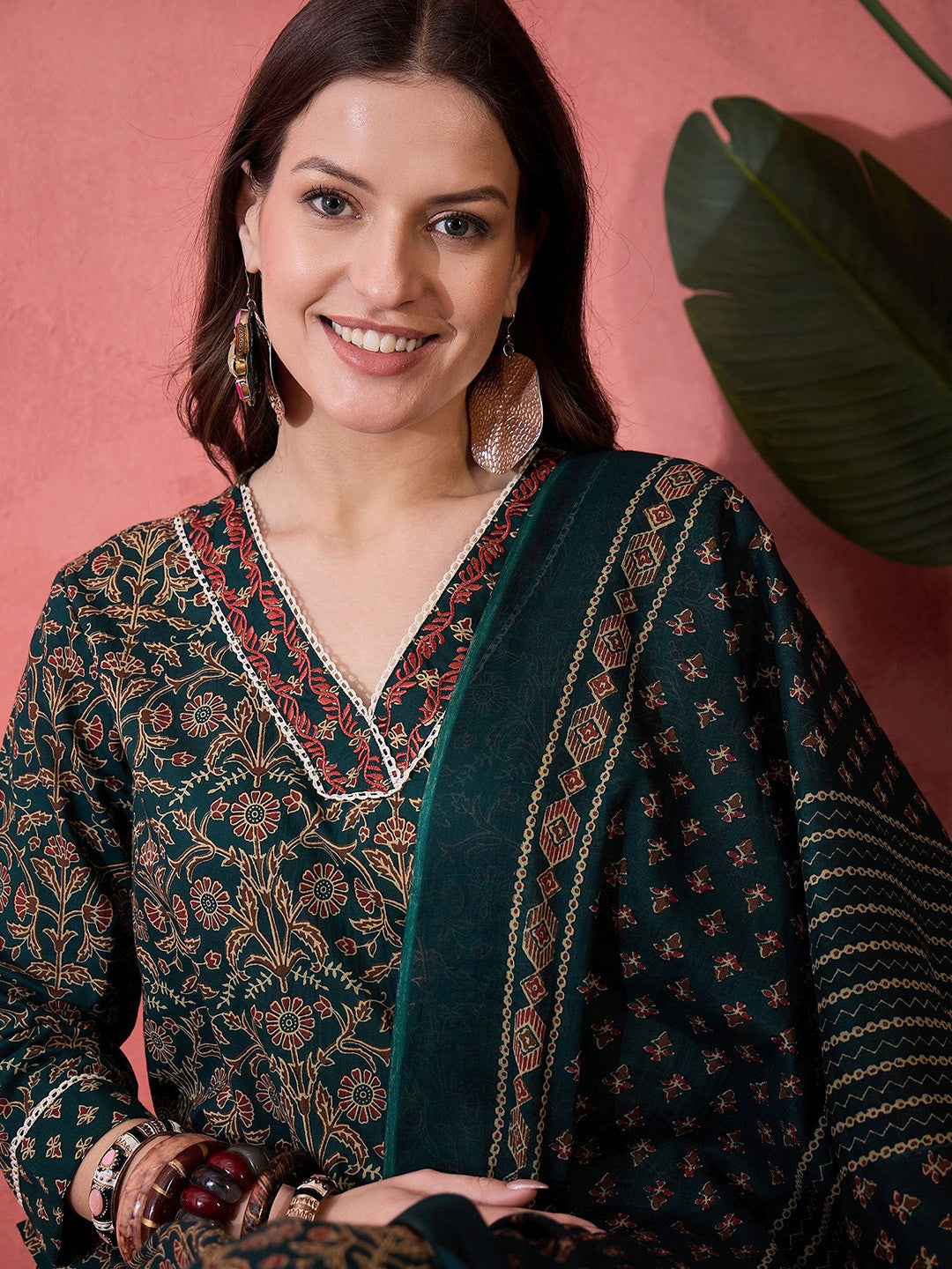 Floral Printed V-Neck Pure Cotton Straight Kurta With Trouser And Dupatta