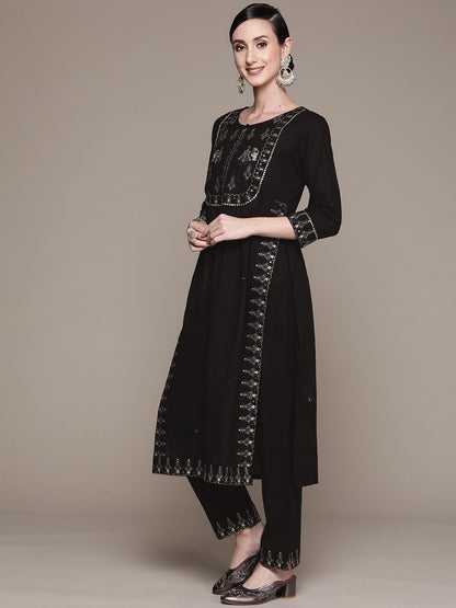 Dhiyona IS Women's Women Black Ethnic Motifs Yoke Design High Slit Kurta with Trousers & With Dupatta