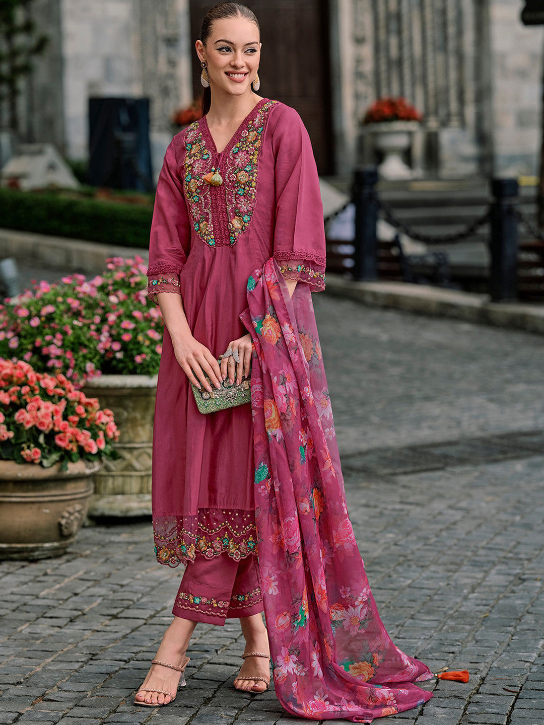Floral Yoke Design Thread Work A-Line Kurta With Trousers & Dupatta