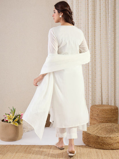 Dhiyona IE Women Floral Embroidered Regular Thread Work Cotton Kurta with Trousers & Dupatta